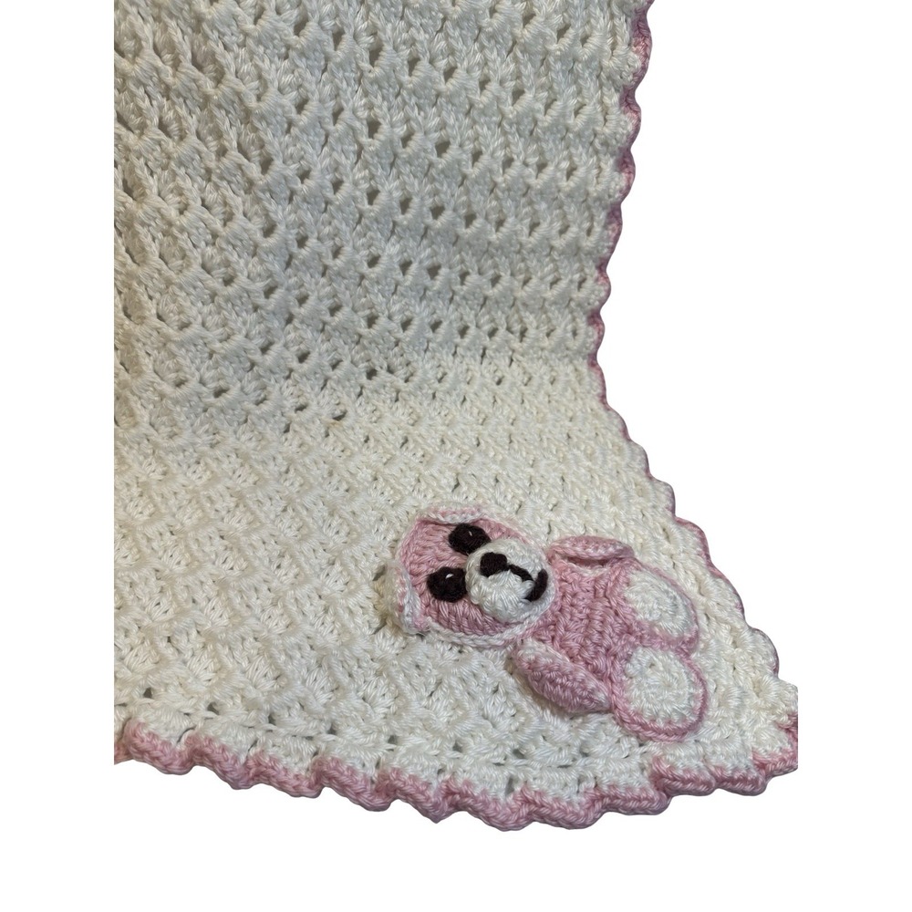 Vintage Handmade CROCHET AFGHAN BABY BLANKET Cream Pink Border 38"X 42" Bear‎ - Picture 4 of 9